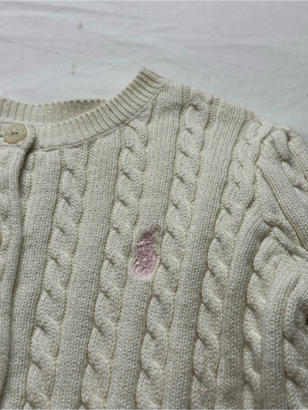 Ralph Lauren - Cream Cable Knit Button-Up Cardigan with Subtle Embroidery